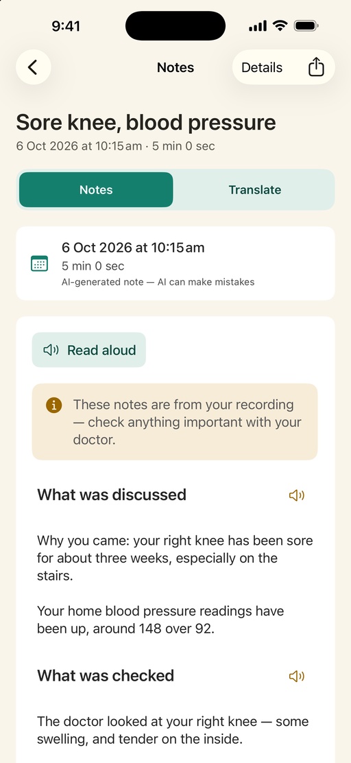 PatientScribe app showing consultation notes organised in sections, with a reminder to check anything important with your doctor